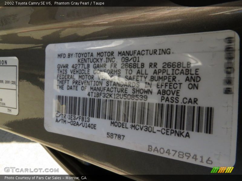 Phantom Gray Pearl / Taupe 2002 Toyota Camry SE V6
