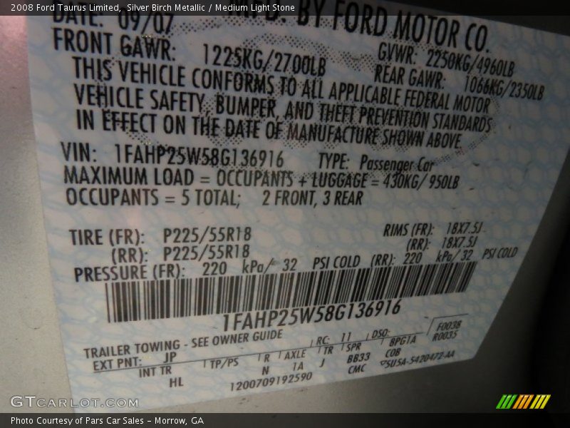 Silver Birch Metallic / Medium Light Stone 2008 Ford Taurus Limited