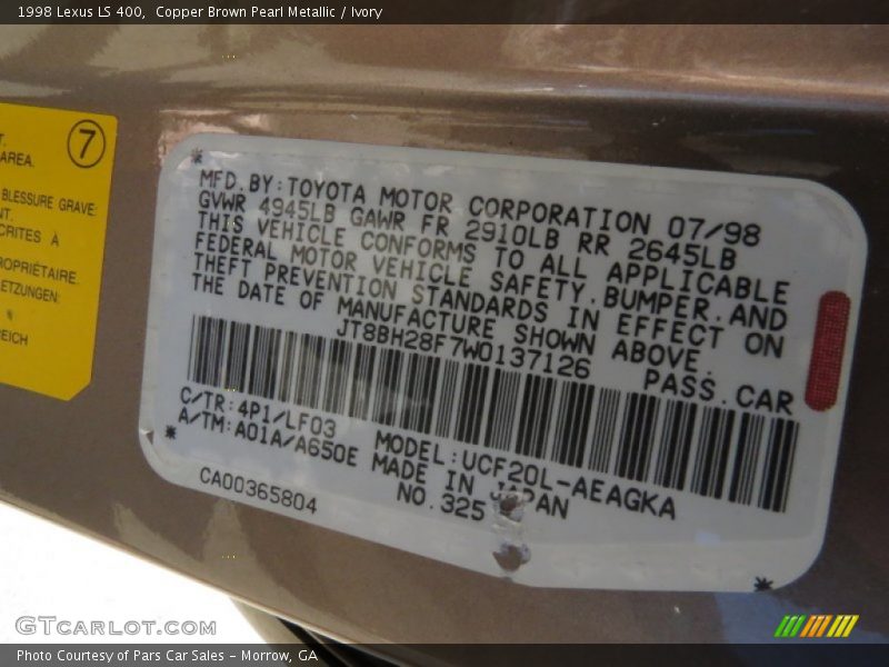 1998 LS 400 Copper Brown Pearl Metallic Color Code 4P1
