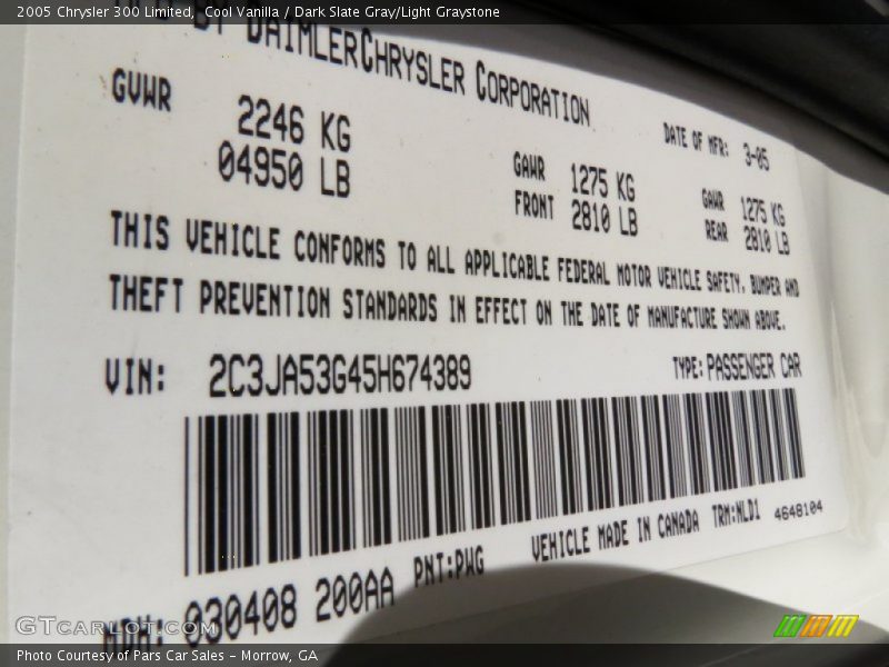 Cool Vanilla / Dark Slate Gray/Light Graystone 2005 Chrysler 300 Limited