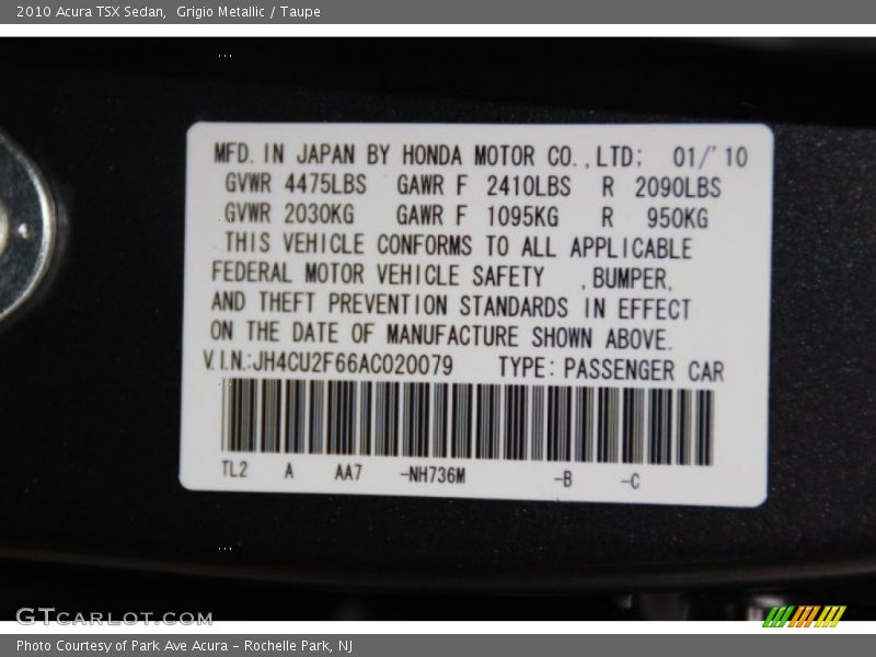 Grigio Metallic / Taupe 2010 Acura TSX Sedan