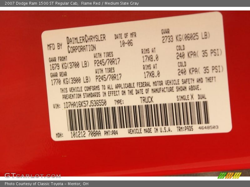 Flame Red / Medium Slate Gray 2007 Dodge Ram 1500 ST Regular Cab