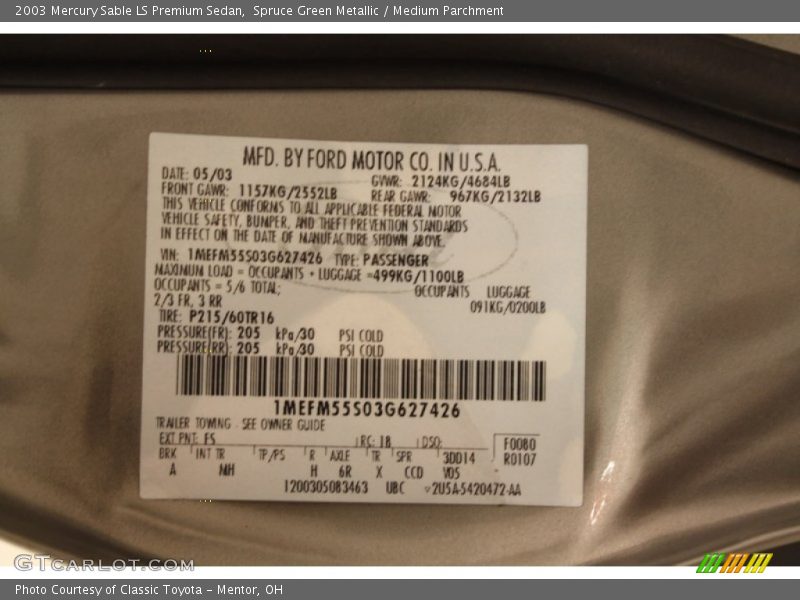 Spruce Green Metallic / Medium Parchment 2003 Mercury Sable LS Premium Sedan