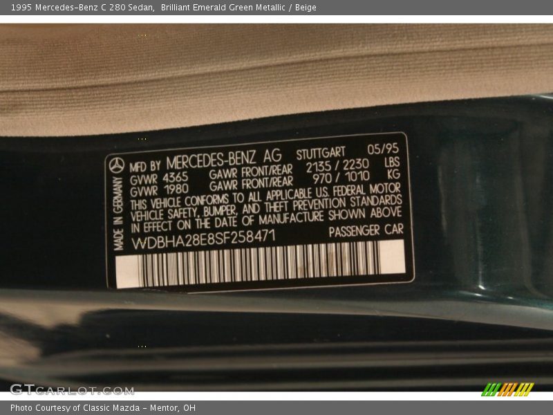 Info Tag of 1995 C 280 Sedan