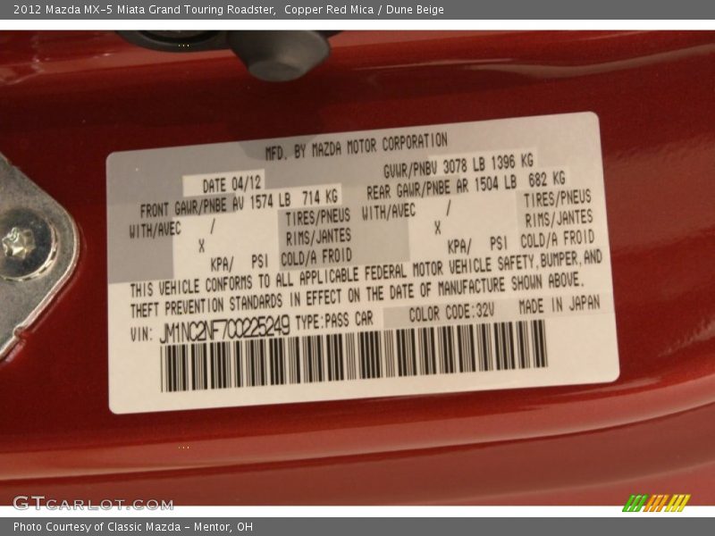2012 MX-5 Miata Grand Touring Roadster Copper Red Mica Color Code 32V