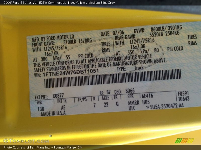 2006 E Series Van E250 Commercial Fleet Yellow Color Code X0877