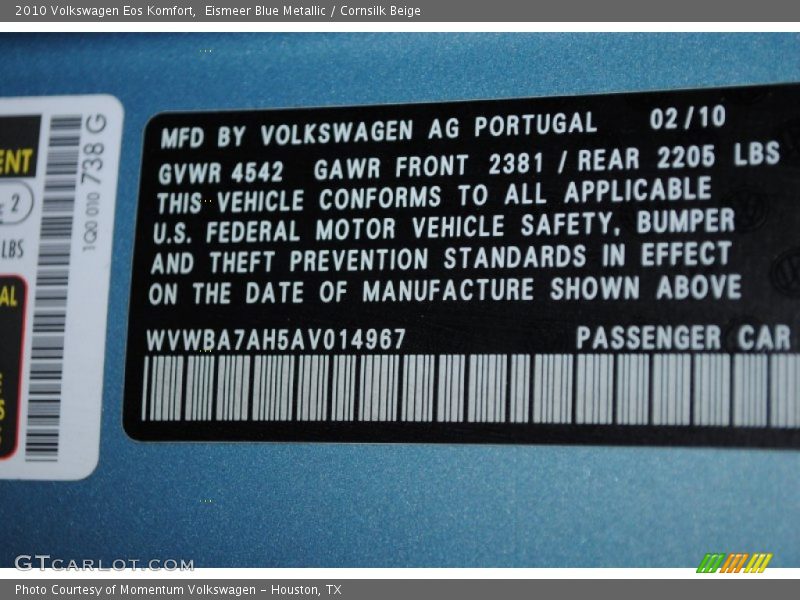 Eismeer Blue Metallic / Cornsilk Beige 2010 Volkswagen Eos Komfort