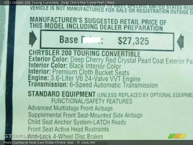  2013 200 Touring Convertible Window Sticker