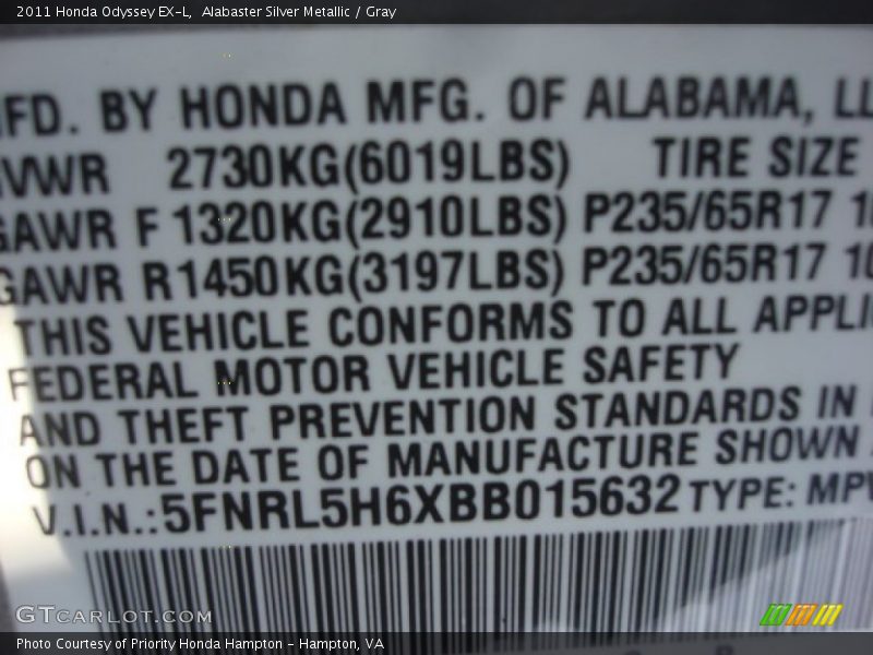 Alabaster Silver Metallic / Gray 2011 Honda Odyssey EX-L
