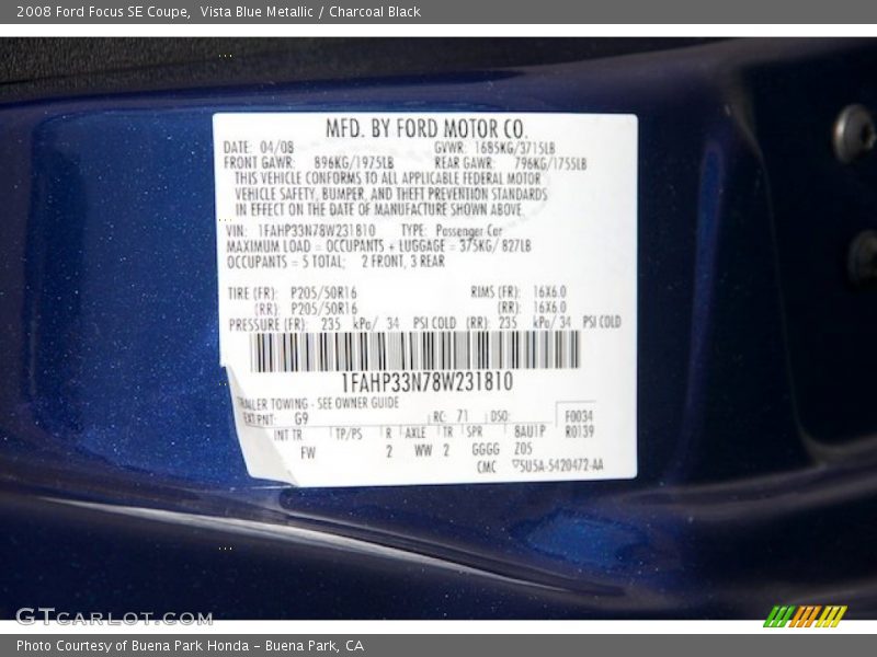 Vista Blue Metallic / Charcoal Black 2008 Ford Focus SE Coupe