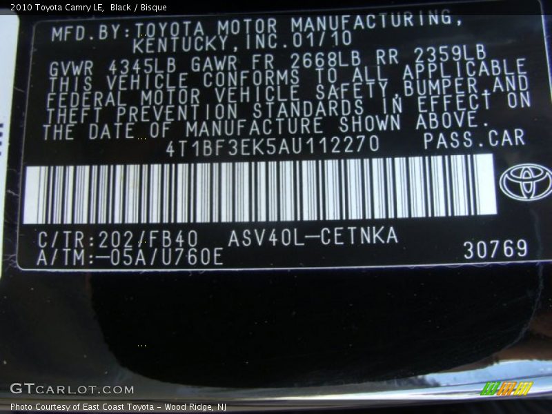 Black / Bisque 2010 Toyota Camry LE