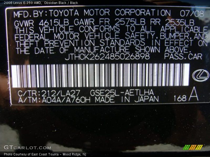 Obsidian Black / Black 2008 Lexus IS 250 AWD