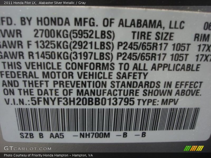 Alabaster Silver Metallic / Gray 2011 Honda Pilot LX