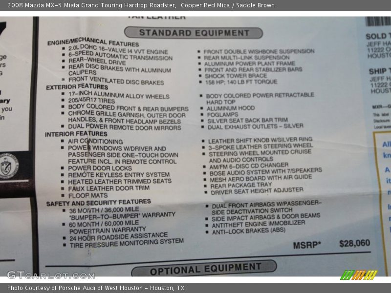  2008 MX-5 Miata Grand Touring Hardtop Roadster Window Sticker