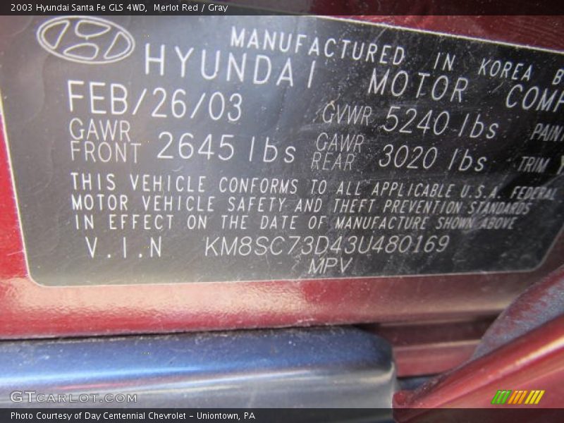 Merlot Red / Gray 2003 Hyundai Santa Fe GLS 4WD