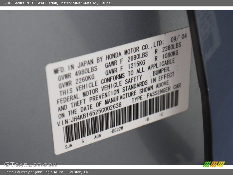 2005 RL 3.5 AWD Sedan Meteor Silver Metallic Color Code B522M