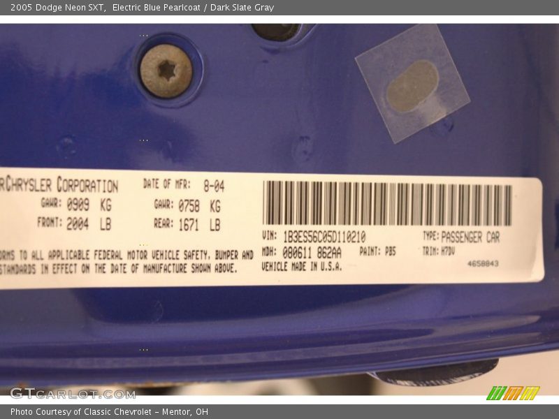 Electric Blue Pearlcoat / Dark Slate Gray 2005 Dodge Neon SXT