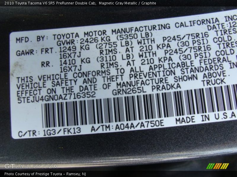 Magnetic Gray Metallic / Graphite 2010 Toyota Tacoma V6 SR5 PreRunner Double Cab