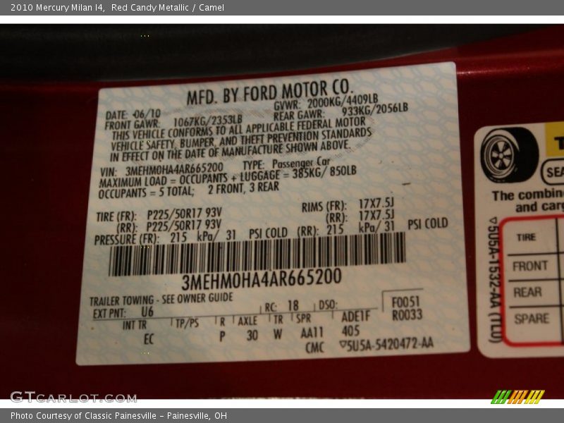 2010 Milan I4 Red Candy Metallic Color Code U6