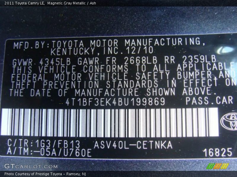 Magnetic Gray Metallic / Ash 2011 Toyota Camry LE