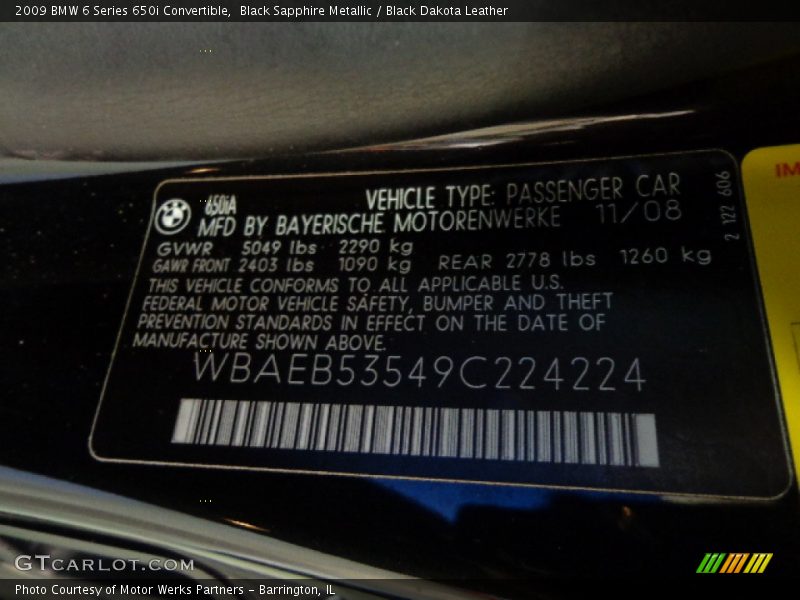 Black Sapphire Metallic / Black Dakota Leather 2009 BMW 6 Series 650i Convertible