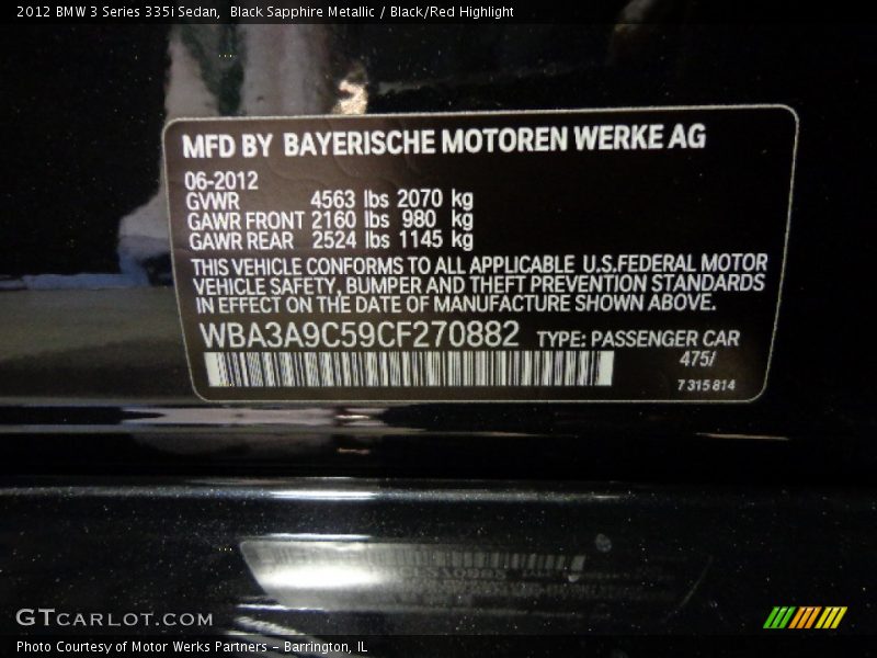 Black Sapphire Metallic / Black/Red Highlight 2012 BMW 3 Series 335i Sedan
