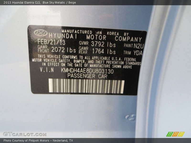Blue Sky Metallic / Beige 2013 Hyundai Elantra GLS