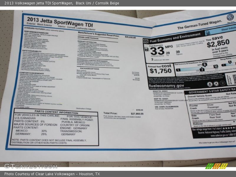 Black Uni / Cornsilk Beige 2013 Volkswagen Jetta TDI SportWagen