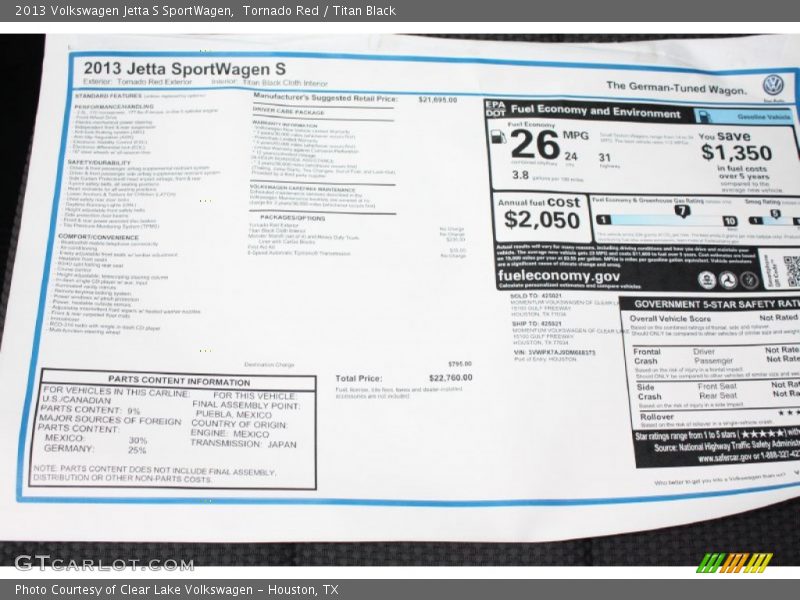  2013 Jetta S SportWagen Window Sticker