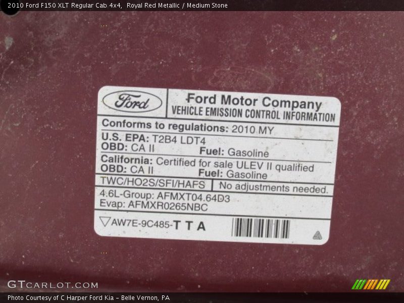 Info Tag of 2010 F150 XLT Regular Cab 4x4