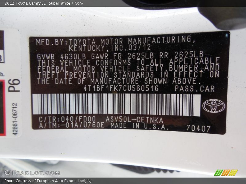Super White / Ivory 2012 Toyota Camry LE