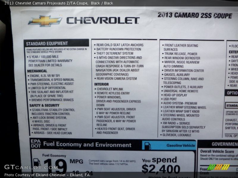  2013 Camaro Projexauto Z/TA Coupe Window Sticker