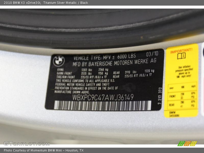 Titanium Silver Metallic / Black 2010 BMW X3 xDrive30i
