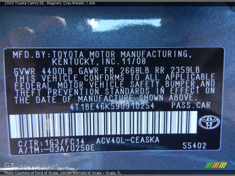 Magnetic Gray Metallic / Ash 2009 Toyota Camry SE