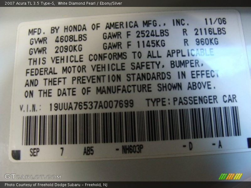 White Diamond Pearl / Ebony/Silver 2007 Acura TL 3.5 Type-S