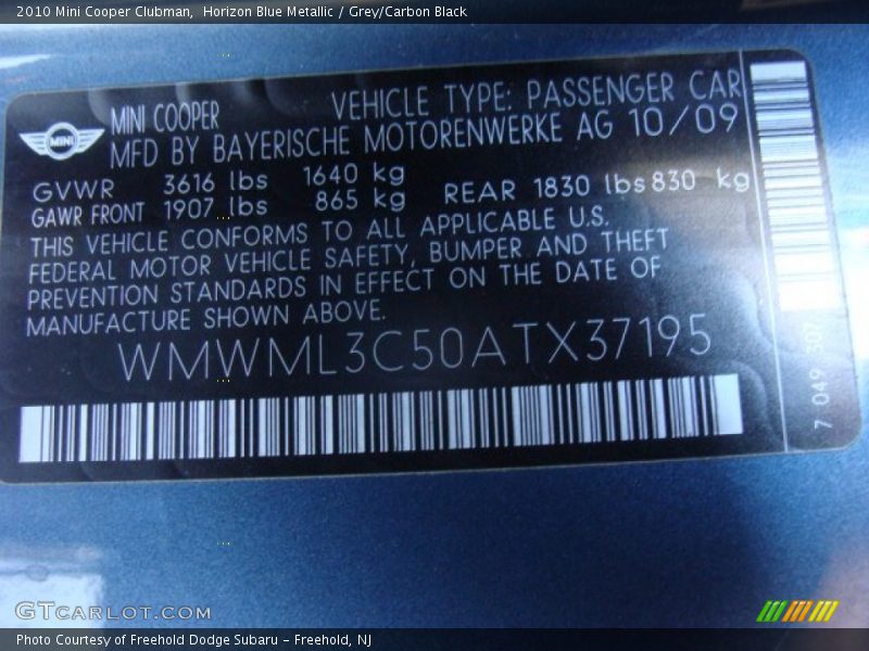 Horizon Blue Metallic / Grey/Carbon Black 2010 Mini Cooper Clubman
