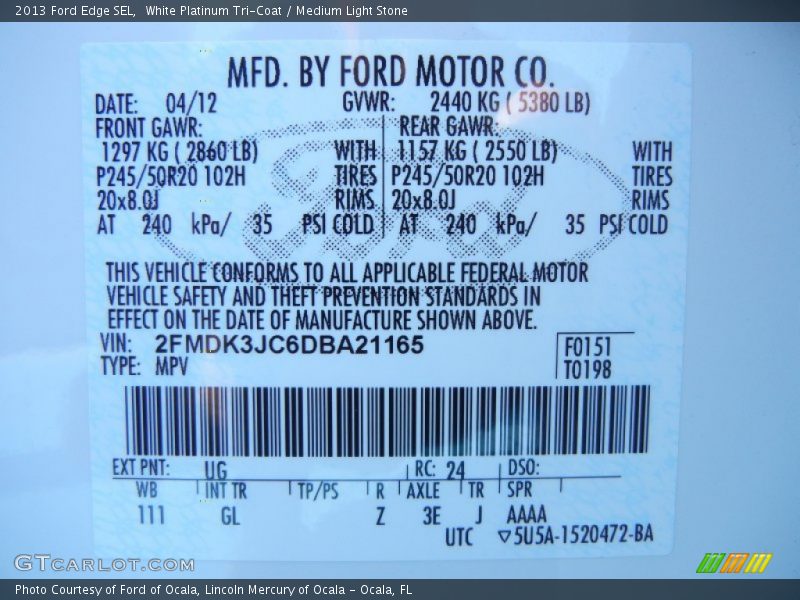 White Platinum Tri-Coat / Medium Light Stone 2013 Ford Edge SEL