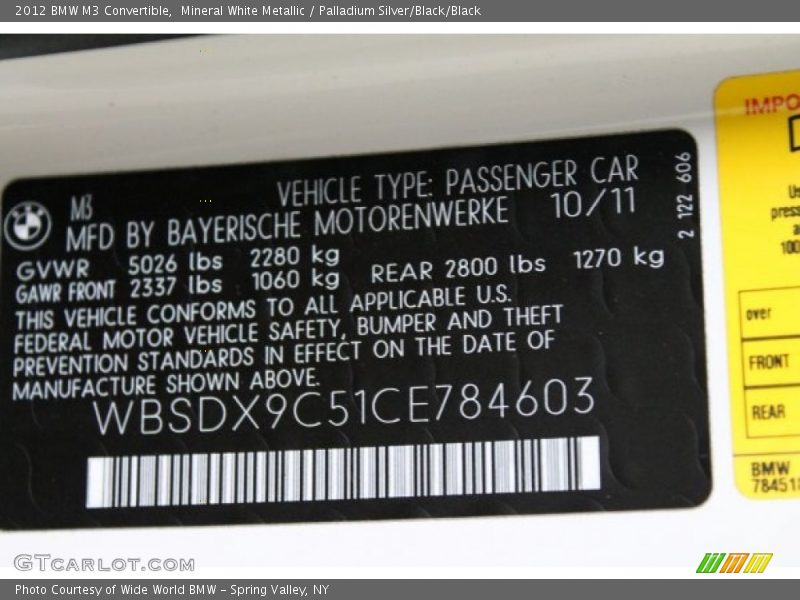 Mineral White Metallic / Palladium Silver/Black/Black 2012 BMW M3 Convertible
