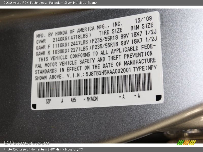 Palladium Silver Metallic / Ebony 2010 Acura RDX Technology