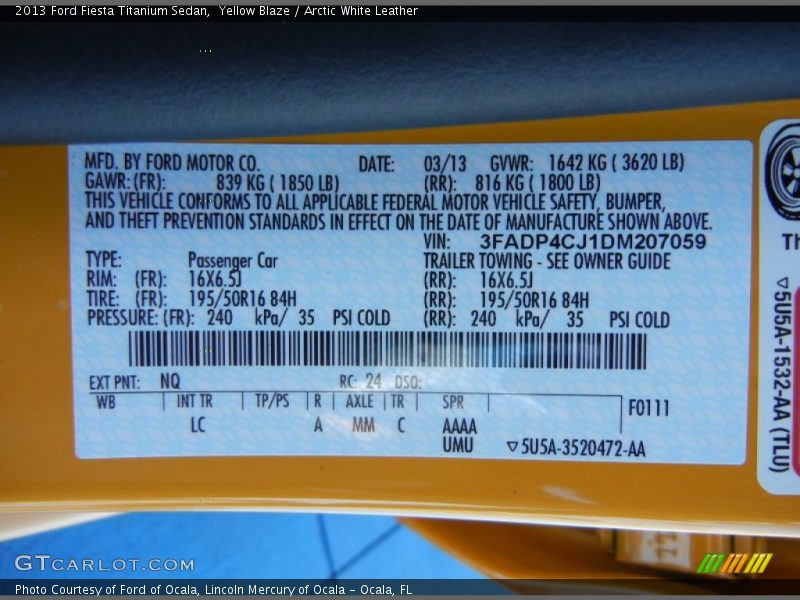 2013 Fiesta Titanium Sedan Yellow Blaze Color Code NQ