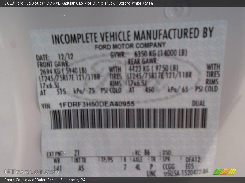 2013 F350 Super Duty XL Regular Cab 4x4 Dump Truck Oxford White Color Code Z1