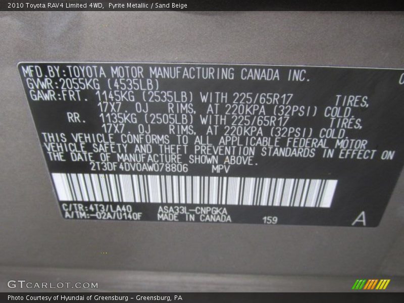2010 RAV4 Limited 4WD Pyrite Metallic Color Code 4T3