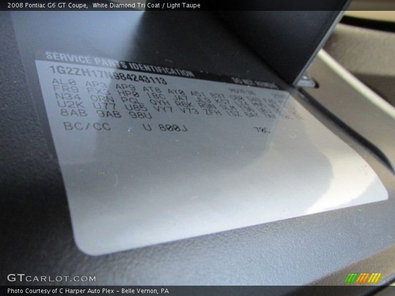 2008 G6 GT Coupe White Diamond Tri Coat Color Code 800J