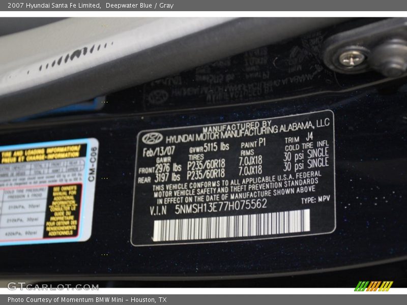 Deepwater Blue / Gray 2007 Hyundai Santa Fe Limited