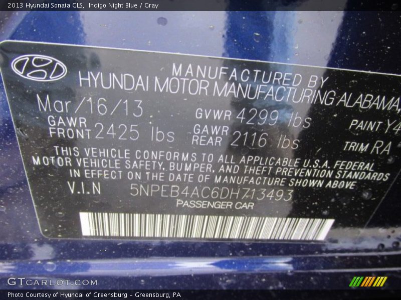 Indigo Night Blue / Gray 2013 Hyundai Sonata GLS