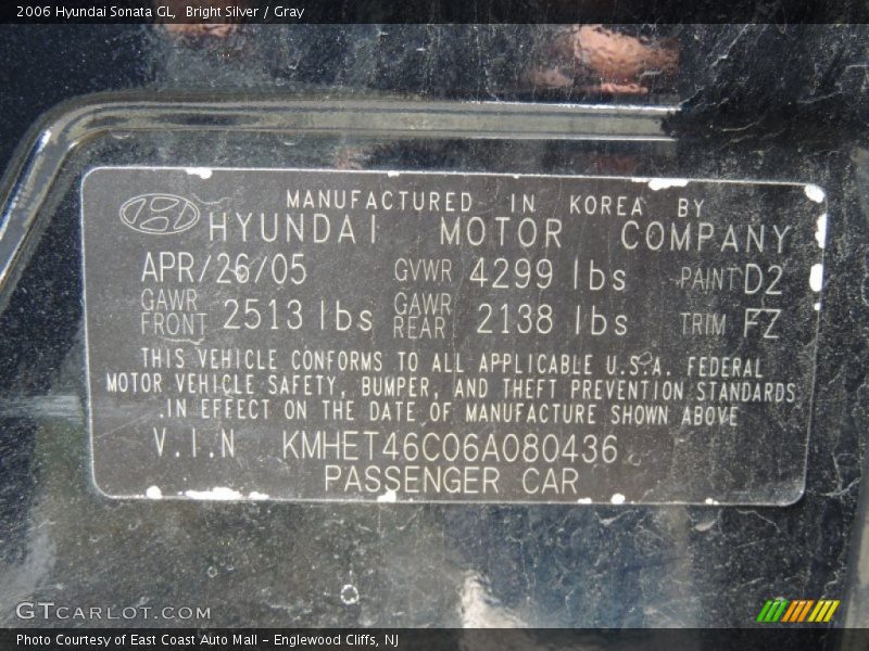 Bright Silver / Gray 2006 Hyundai Sonata GL