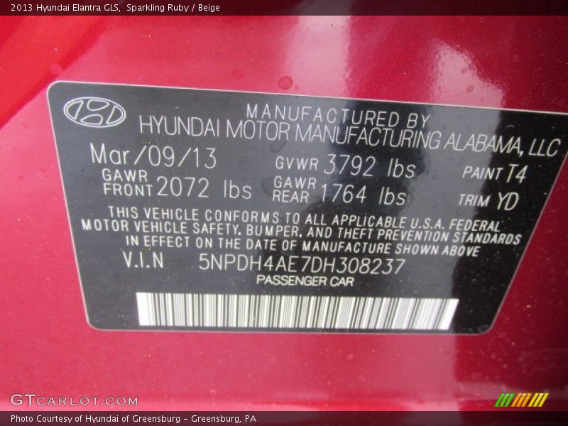 Sparkling Ruby / Beige 2013 Hyundai Elantra GLS