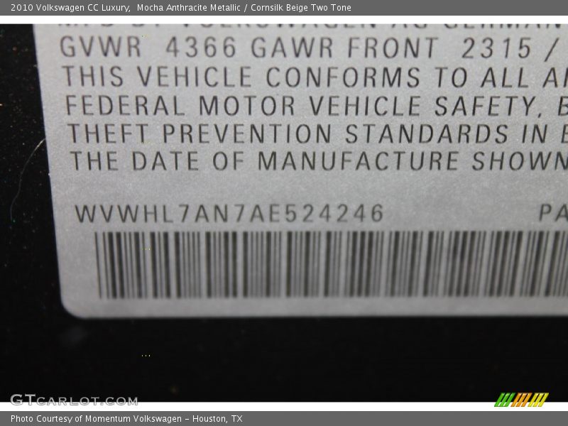Mocha Anthracite Metallic / Cornsilk Beige Two Tone 2010 Volkswagen CC Luxury