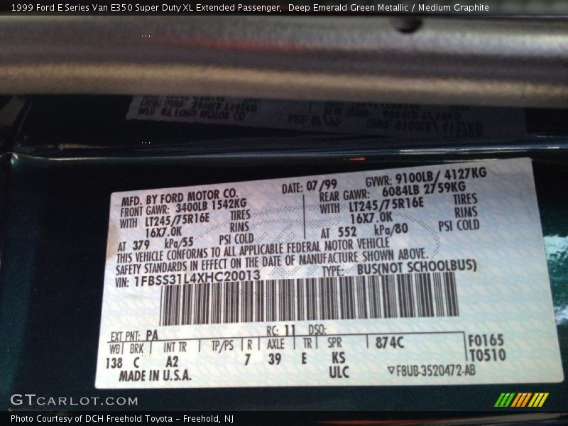 Deep Emerald Green Metallic / Medium Graphite 1999 Ford E Series Van E350 Super Duty XL Extended Passenger