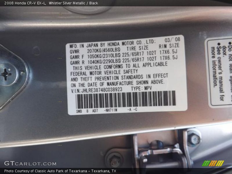 Whistler Silver Metallic / Black 2008 Honda CR-V EX-L